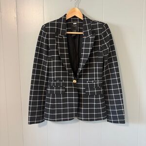 Smythe Peaked Lapel Blazer Windowpane Leather Elbow Patches Black White Size 6